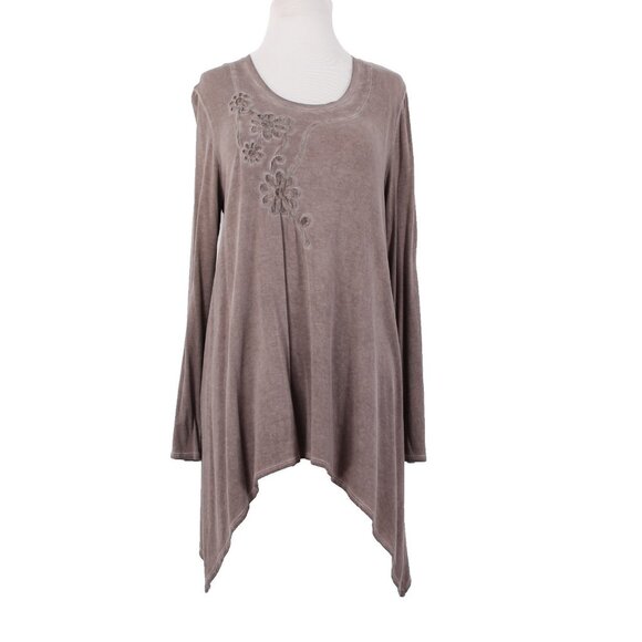 Charlie Paige Top Sz S/M Brown Floral Asymmetrical Tunic Rayon Spandex Top - Picture 1 of 13